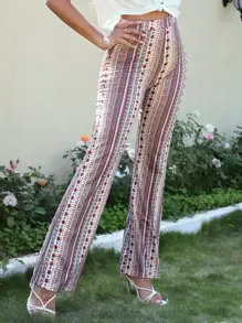 SHEIN VCAY Geo Print Flare Leg Trousers - Multicolor - View 5