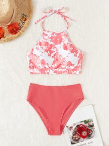 Tie Dye Halter Bikini For Summer Beach - Watermelon Pink - View 4