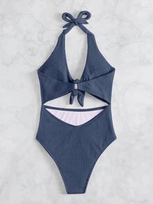 SHEIN Swim Phụ nữ một mảnh Cắt ra Thắt nút màu trơn Thanh lịch - Màu xanh bụi bặm - Xem 2