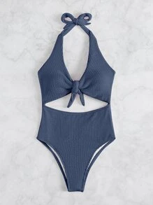 SHEIN Swim Phụ nữ một mảnh Cắt ra Thắt nút màu trơn Thanh lịch - Màu xanh bụi bặm - Xem 3