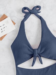 SHEIN Swim Phụ nữ một mảnh Cắt ra Thắt nút màu trơn Thanh lịch - Màu xanh bụi bặm - Xem 5