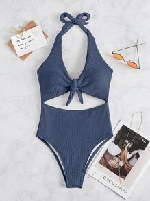 SHEIN Swim Phụ nữ một mảnh Cắt ra Thắt nút màu trơn Thanh lịch - Màu xanh bụi bặm - Xem 4