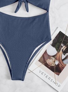 SHEIN Swim Phụ nữ một mảnh Cắt ra Thắt nút màu trơn Thanh lịch - Màu xanh bụi bặm - Xem 6