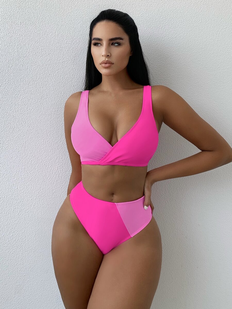 SHEIN Swim Summer Beach Color Block High Waisted Bikini - Pink - View 1