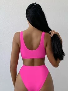 SHEIN Swim Summer Beach Color Block High Waisted Bikini - Pink - View 2