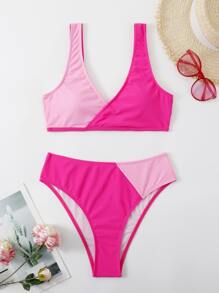 SHEIN Swim Summer Beach Color Block High Waisted Bikini - Pink - View 3