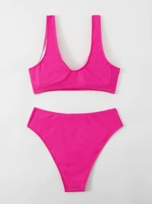 SHEIN Swim Summer Beach Color Block High Waisted Bikini - Pink - View 4