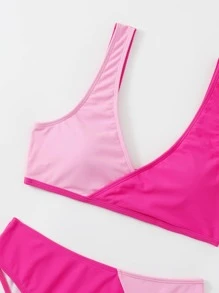 SHEIN Swim Summer Beach Color Block High Waisted Bikini - Pink - View 5
