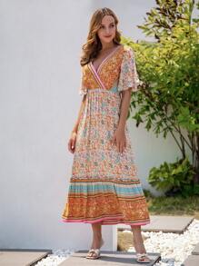 Floral & Paisley Print Butterfly Sleeve Ruffle Hem Tie Back Dress - Multicolor - View 1