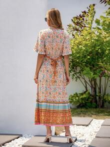 Floral & Paisley Print Butterfly Sleeve Ruffle Hem Tie Back Dress - Multicolor - View 2