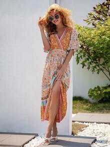 Floral & Paisley Print Butterfly Sleeve Ruffle Hem Tie Back Dress - Multicolor - View 3