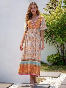 Floral & Paisley Print Butterfly Sleeve Ruffle Hem Tie Back Dress - Multicolor - View 4