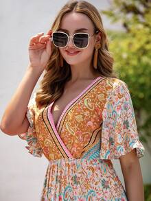 Floral & Paisley Print Butterfly Sleeve Ruffle Hem Tie Back Dress - Multicolor - View 5