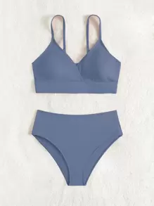 Swim Basics Teen Girls Surplice V Neck Rib-Knit Bikini Set Summer Beach - Dusty Blue - View 5
