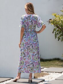 花和佩斯利圖案蕾絲邊蝴蝶袖繫腰帶洋裝