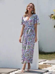 花和佩斯利圖案蕾絲邊蝴蝶袖繫腰帶洋裝