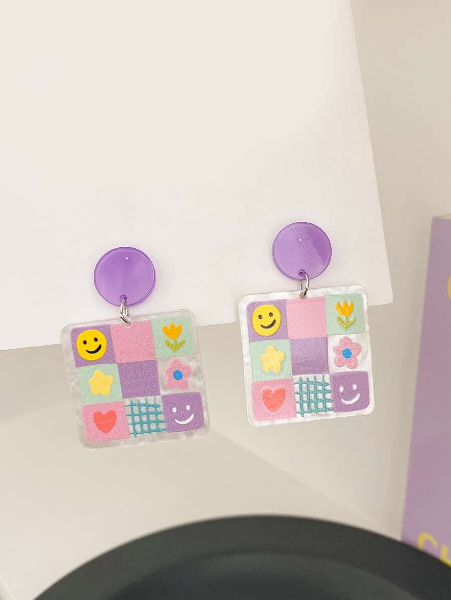 花朵圖案幾何耳墜 - 彩色 - 查看 1