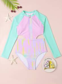 Teen Girls Color Block Cut Out Zipper Front One Piece Swimsuit - Multicolor - View 1