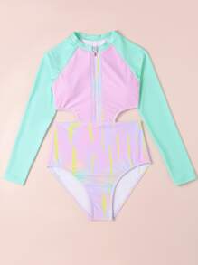 Teen Girls Color Block Cut Out Zipper Front One Piece Swimsuit - Multicolor - View 3