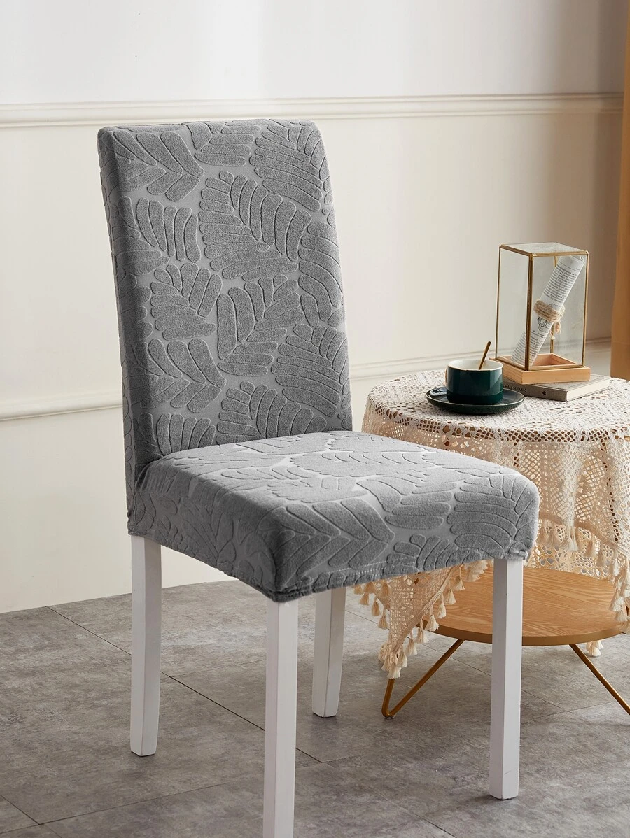1pc Leaf Jacquard Stretchy Chair Slipcover, Grey Dining Chair Dust