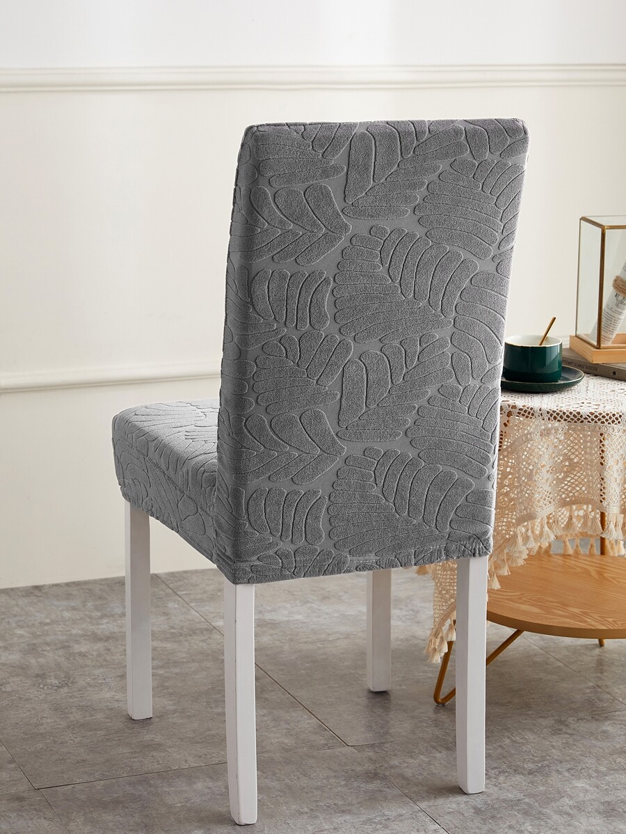 1pc Leaf Jacquard Stretchy Chair Slipcover, Grey Dining Chair Dust