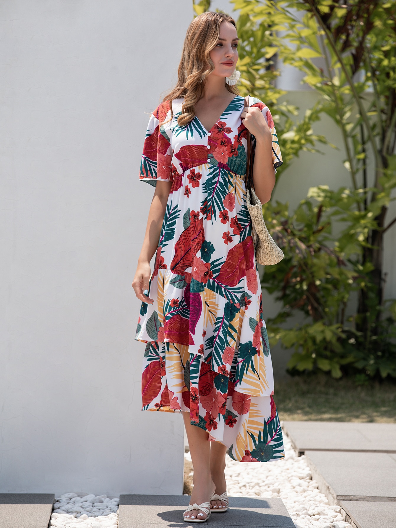 Tropical Print Butterfly Sleeve Layered Hem Dress SHEIN USA