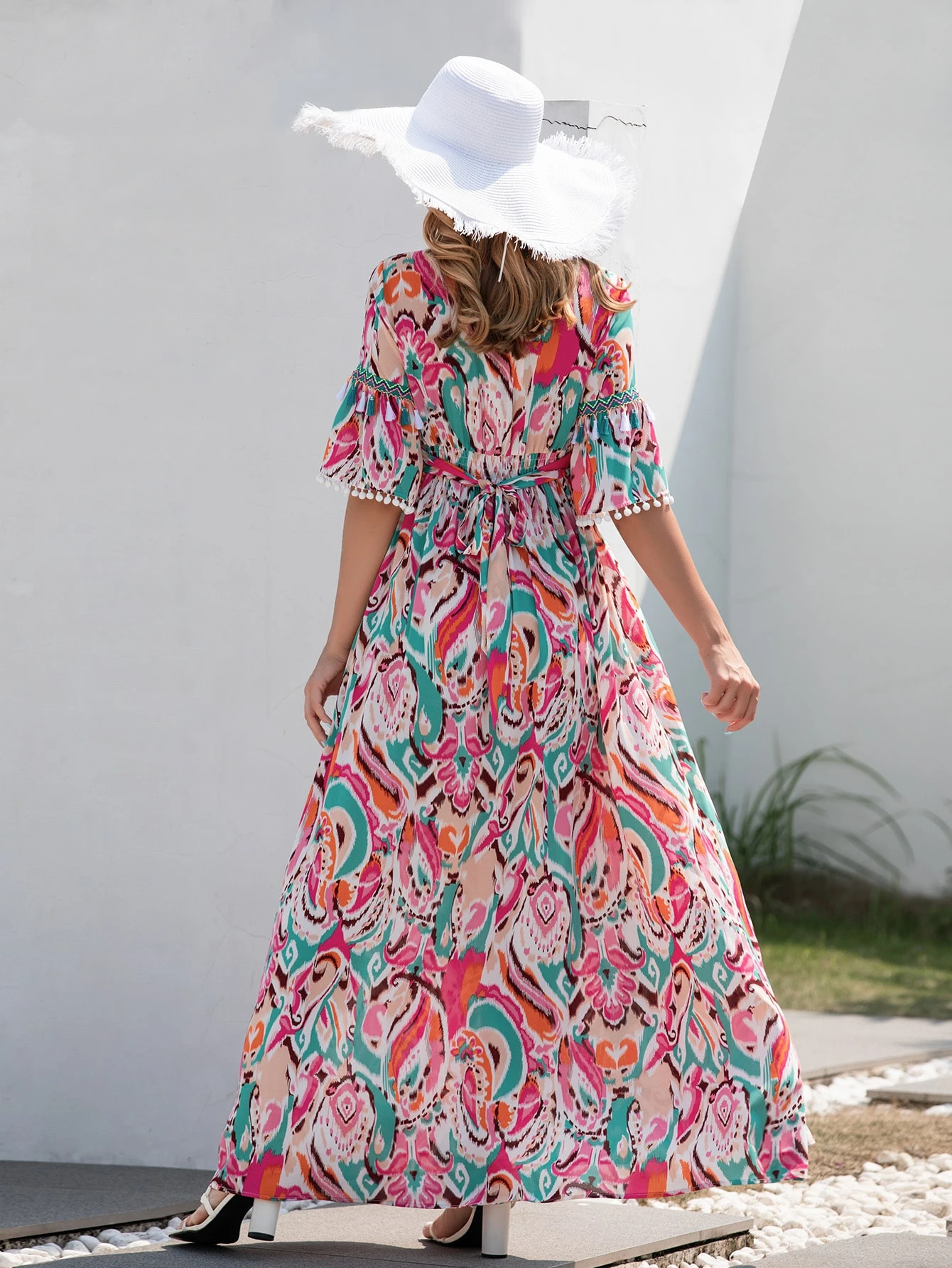 Allover Print Contrast Tape Tassel Trim Beach Dress SHEIN USA