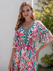 Đầm mép Ruy băng Tách cao Tất cả trên in Boho - Nhiều màu - Xem 3