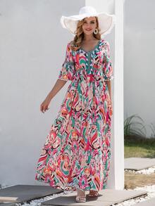 Đầm mép Ruy băng Tách cao Tất cả trên in Boho - Nhiều màu - Xem 5