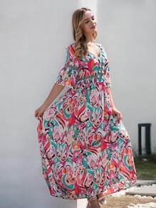 Đầm mép Ruy băng Tách cao Tất cả trên in Boho - Nhiều màu - Xem 6