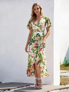 Tropical Print Butterfly Sleeve Ruffle Trim Wrap Belted Dress - Multicolor - View 4