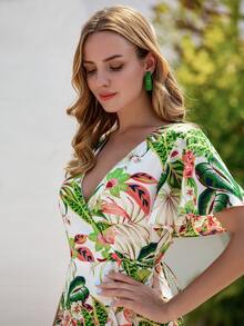 Tropical Print Butterfly Sleeve Ruffle Trim Wrap Belted Dress - Multicolor - View 5