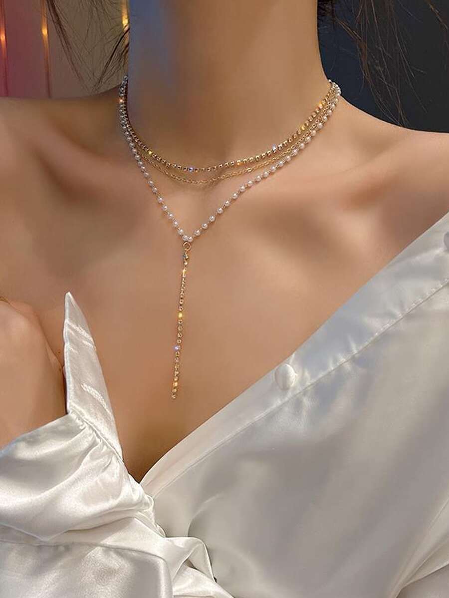 水鑽和人造珍珠裝飾多層Y字項鍊 - 金黃色 - 查看 1