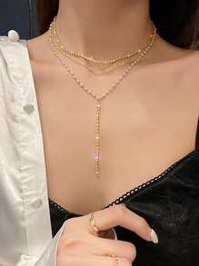 水鑽和人造珍珠裝飾多層Y字項鍊 - 金黃色 - 查看 4