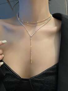 水鑽和人造珍珠裝飾多層Y字項鍊 - 金黃色 - 查看 5