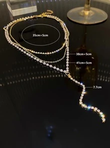 水鑽和人造珍珠裝飾多層Y字項鍊 - 金黃色 - 查看 7