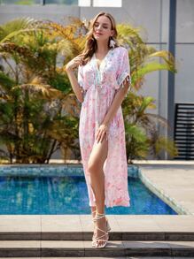 印花流蘇邊蝙蝠袖高衩洋裝 - 彩色 - 查看 1