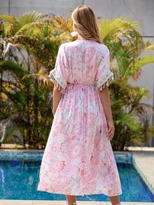 印花流蘇邊蝙蝠袖高衩洋裝 - 彩色 - 查看 2