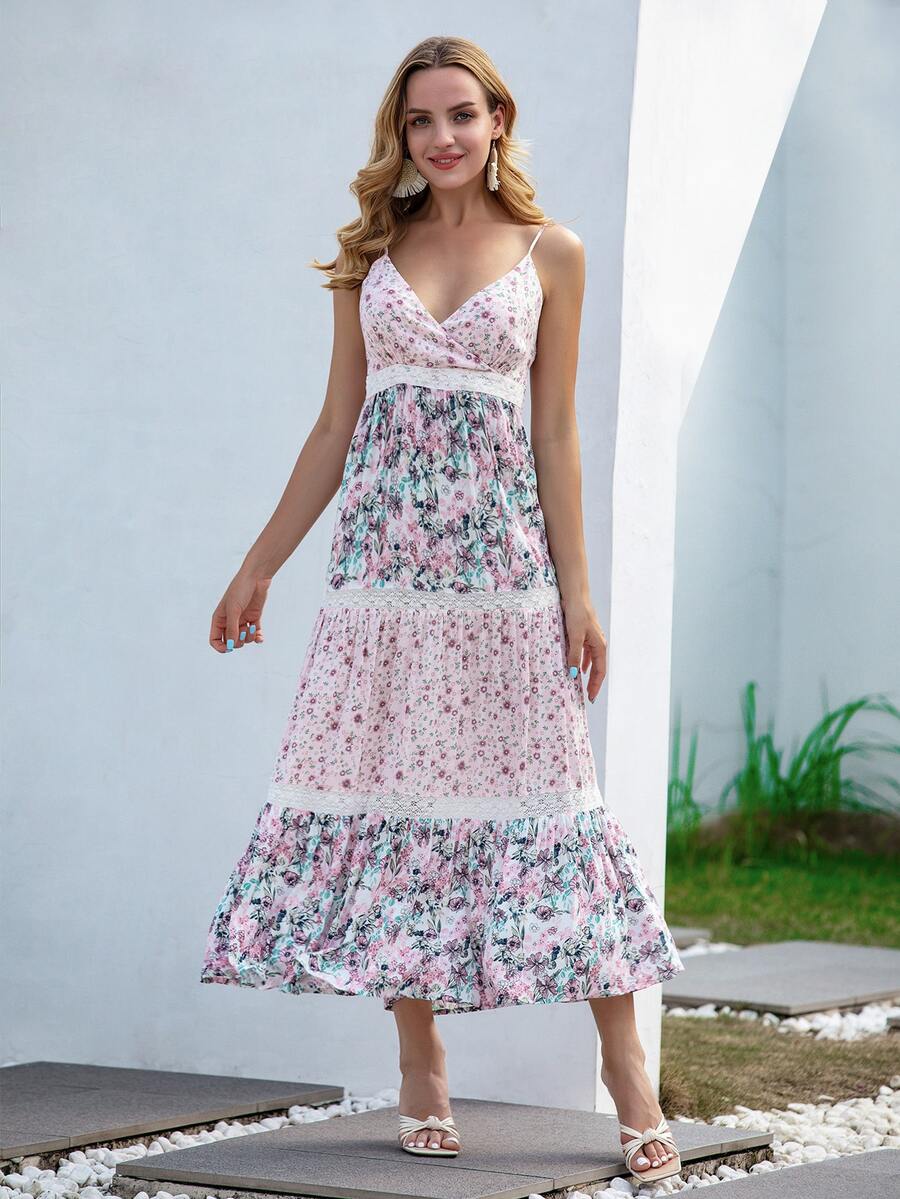 Floral Print Lace Insert Ruffle Hem Shirred Back Cami Dress - Multicolor - View 1