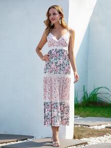 Floral Print Lace Insert Ruffle Hem Shirred Back Cami Dress - Multicolor - View 3