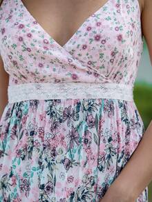 Floral Print Lace Insert Ruffle Hem Shirred Back Cami Dress - Multicolor - View 6