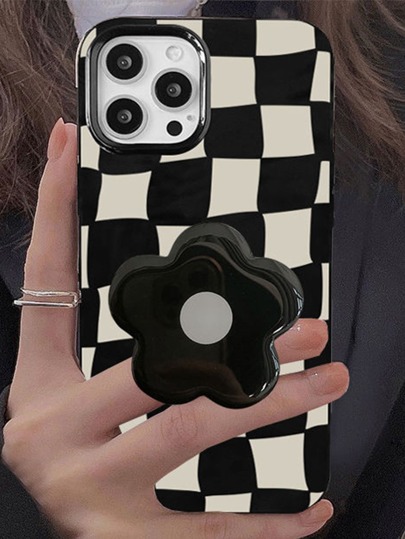 Étui de téléphone à motif à carreaux noir et blanc avec support floral, style vintage. Compatible avec les smartphones Apple 11, 13, 14 Pro Max. Étanche, antichoc, résistant aux rayures.