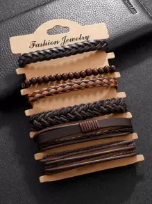 Fashionable and Popular 6pcs Men PU Polyurethane Braided Bracelet for Jewelry Gift and for a Stylish Look - Brown - View 1