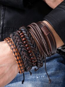 Fashionable and Popular 6pcs Men PU Polyurethane Braided Bracelet for Jewelry Gift and for a Stylish Look - Brown - View 2