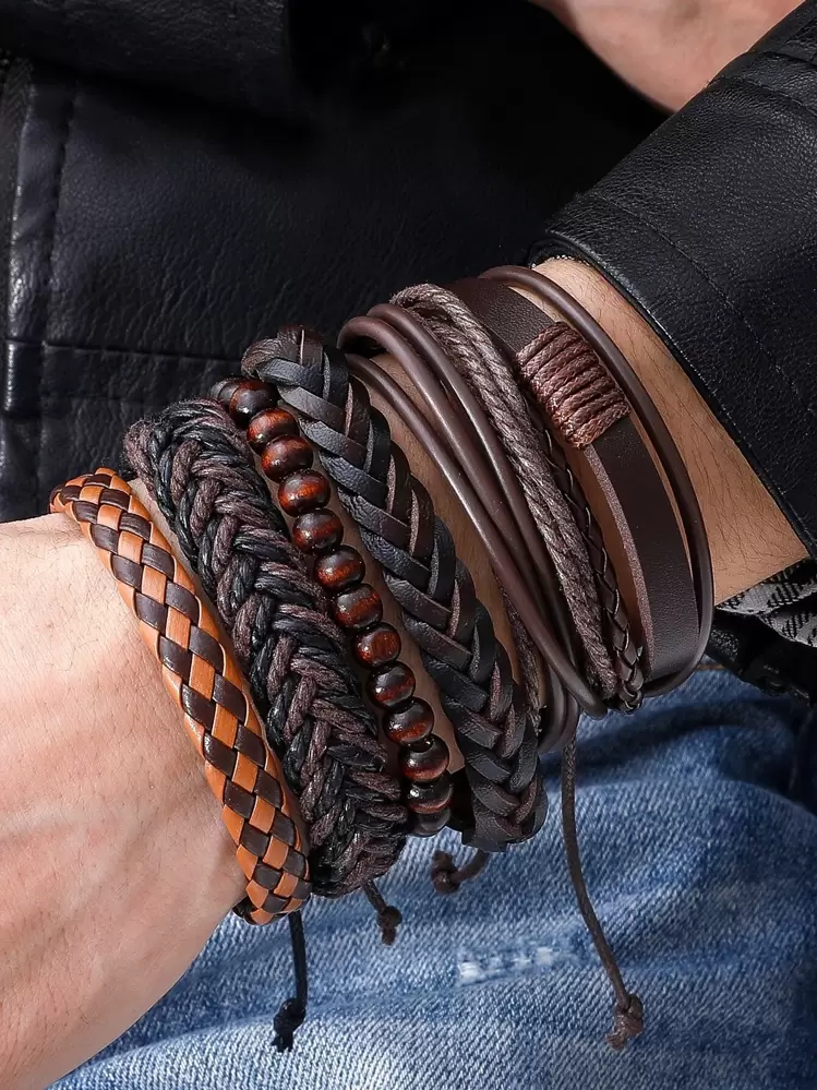 Pulsera trenzada de poliuretano PU para hombre, 6 piezas, a la moda y popular, para regalo de joyería y para un aspecto elegante - Marrón - Ver 2