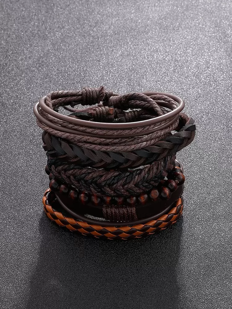 Pulsera trenzada de poliuretano PU para hombre, 6 piezas, a la moda y popular, para regalo de joyería y para un aspecto elegante - Marrón - Ver 3