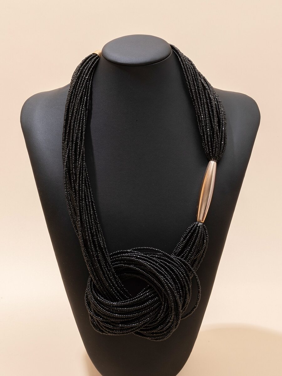 1pc Women's Minimalist Rice Beads Necklace - Black - View 1