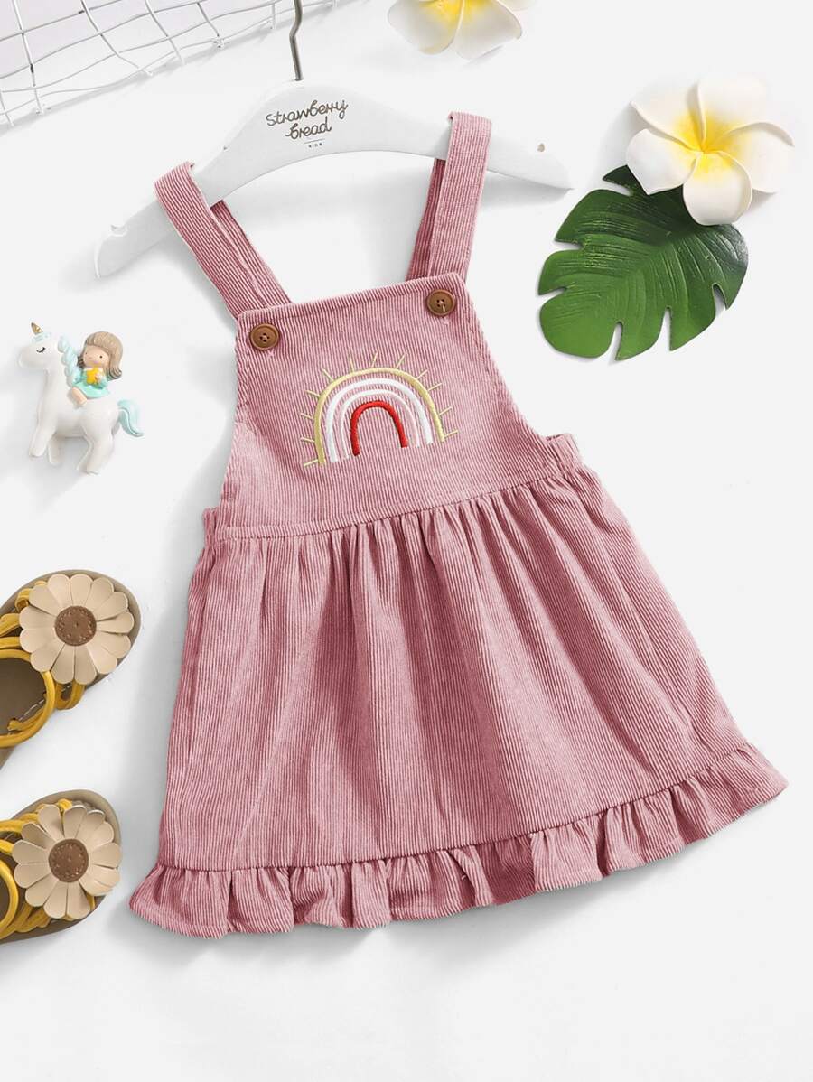 Baby Rainbow Embroidery Ruffle Hem Corduroy Pinafore Dress - Dusty Pink - View 1