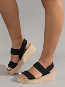 Minimalist Slingback Wedge Sandals, Black Fashionable Solid Color Wedge Heel Slippers - Black - View 5