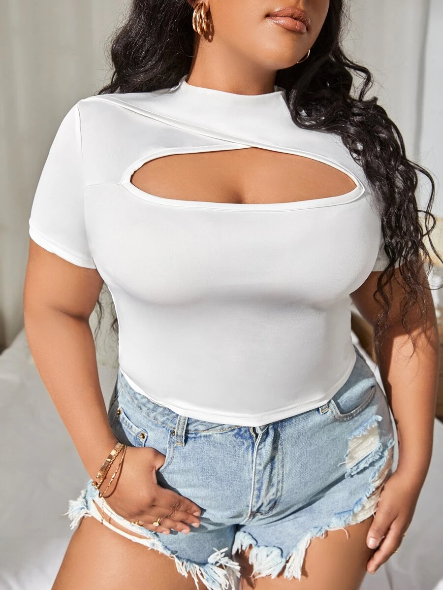 SHEIN SXY Áo thun Plus size Cắt ra màu trơn Giải trí - trắng - Xem 1